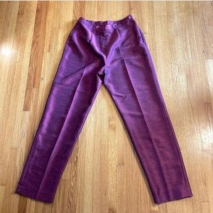 Tailored purple trousers (likely handmade)